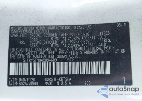 2010 Toyota Tundra Grade 5.7L V8 из США, поврежденный, VIN 5TFRY5F19AX094689